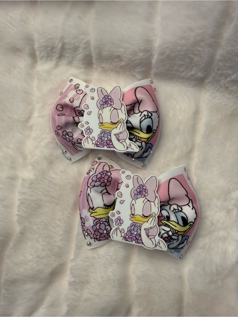 Pink Daisy Duck Kids Hair Bows with Floral Print and Rhinestones